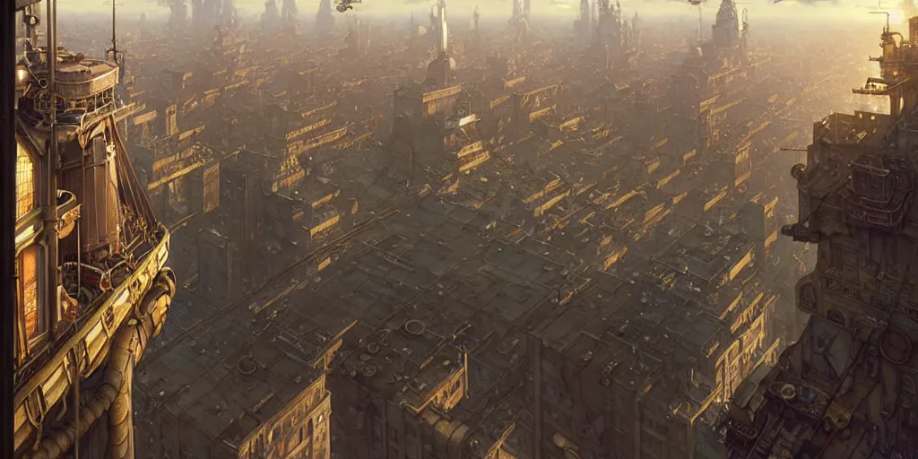 Image similar to steampunk airship above a busy city, exquisite details, denoised, mid view, by norman rockwell, karl kopinski, artsation, greg rutkowski, makoto shinkai, takashi takeuchi, studio ghibli