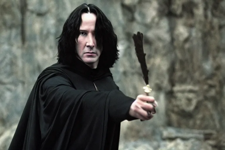 Prompt: film still of Keanu Reeves as Severus Snape in Harry Potter