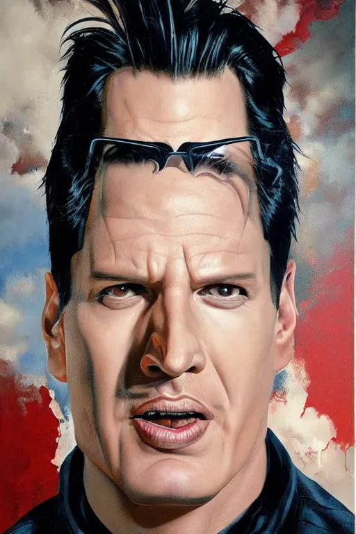 Prompt: expressive exaggerated portait painting of zak bagans by alex ross!!!, phil hale!!!!, visible brush strokes, graphic,'action lines '!!!!, striking, sharp, hd image