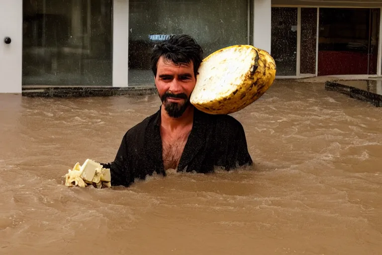 Prompt: closeup portrait of a man carrying a wheel of cheese over his head in a flood in Adelaide in South Australia, photograph, natural light, sharp, detailed face, magazine, press, photo, Steve McCurry, David Lazar, Canon, Nikon, focus