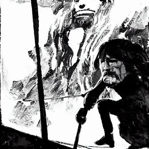 Prompt: norwegian troll blacksmith with sledgehammer and fire profile portrait half body monochrome portrait hammer dramatic kvlt by peder balke by guido crepax by norman bluhm mystic high contrast monochromatic noir
