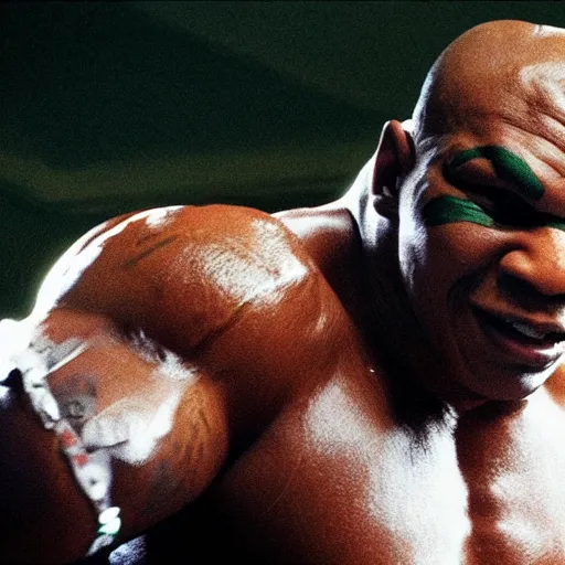 Image similar to A movie still of Mike Tyson as a Teenage Mutant Ninja Turtle, dynamic lighting, 8k, Action shot, 2022 picture of the year