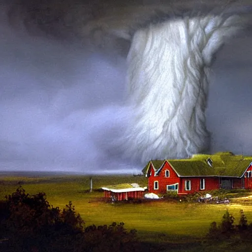 Prompt: an epic view of a tornado destroying a farmhouse, twister, concept art, by john steuart curry