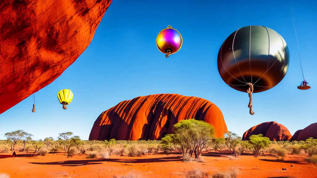 Image similar to large colorful futuristic space age metallic steampunk balloons with pipework and electrical wiring around the outside, and people on rope swings underneath, flying high over the beautiful uluru in central australia city landscape, professional photography, 8 0 mm telephoto lens, realistic, detailed, photorealistic, photojournalism