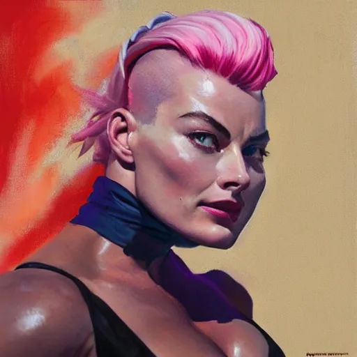 Prompt: greg manchess portrait of margot robbie as thick muscular weightlifter zarya from overwatch with ponytail and curly pink hair, medium shot, asymmetrical, profile picture, organic painting, sunny day, matte painting, bold shapes, hard edges, street art, trending on artstation, by huang guangjian and gil elvgren and sachin teng