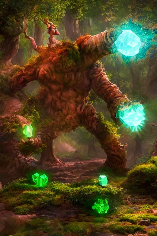 Image similar to arcane fantasy art giant golem elemental wood rock bastion forged gemstone enchanted forest troll, global illumination ray tracing hdr fanart arstation by sung choi and eric pfeiffer and gabriel garza and casper konefal lisa frank zbrush central hardmesh radiating a glowing aura