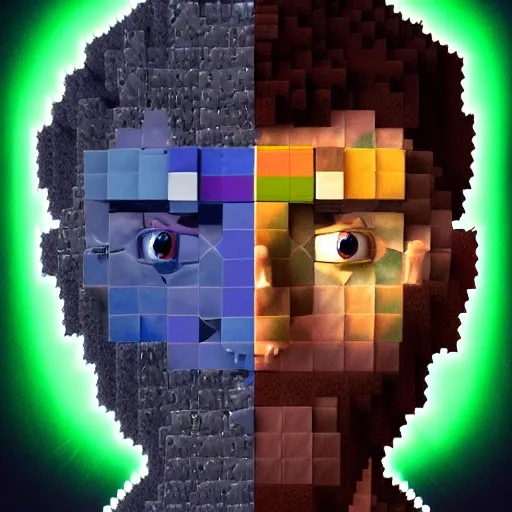 Prompt: Colour Caravaggio and Minecraft style Photography of Highly detailed Man with 1000 years old perfect face with reflecting glowing skin wearing highly detailed sci-fi VR headset designed by Josan Gonzalez. Many details . In style of Josan Gonzalez and Mike Winkelmann and andgreg rutkowski and alphonse muchaand and Caspar David Friedrich and Stephen Hickman and James Gurney and Hiromasa Ogura. Rendered in Blender and Octane Render volumetric natural light