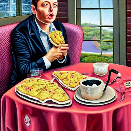 Prompt: A beautiful painting of Elon Musk eating his own foot Mark Ryden and Alex Gross, Todd Schorr highly detailed