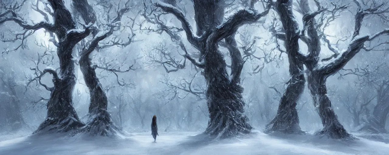 Prompt: a painting of a person standing in front of a tree in the snow, stunning intricate concept art by contest winner, cgsociety, fantasy art, matte painting, storybook illustration