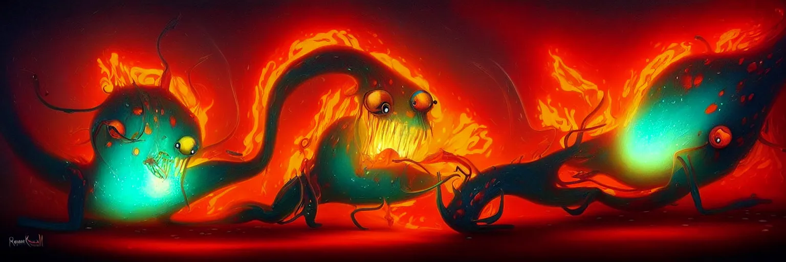 Prompt: whimsical surreal fiery plankton creatures, surreal dark uncanny painting by ronny khalil