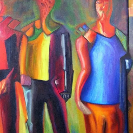 Prompt: Dall•E, Midjourney, and stable diffusion, in their human forms, walk into a bar. Oil panting on canvas. S-4