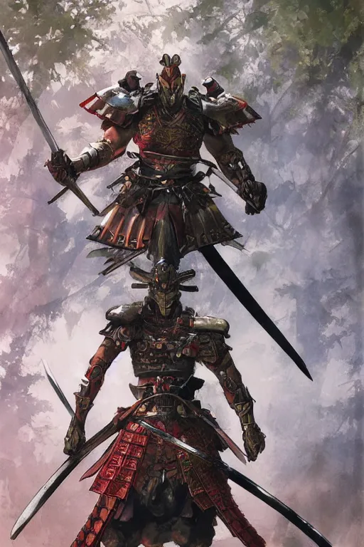 Image similar to a warrior in an epic samurai armor in dark japanese bamboo forest with light shafts, by jesper ejsing and maciej kuciara