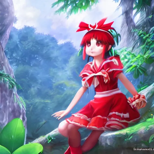 Image similar to a imaginefx pixiv artstation of reimu in the jungle wearing bonnet