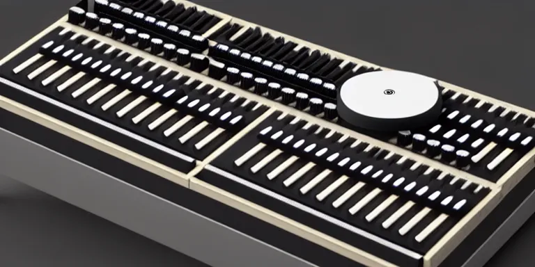 Image similar to dezeen showroom , lot2046, archdaily, houdini , teenage engineering moad, mother of all decks, product design concept, top down view of plugs & knobs of moog melotron synthesizer 3d model made by jony ives, dieter rams, 8k, high detailed photo