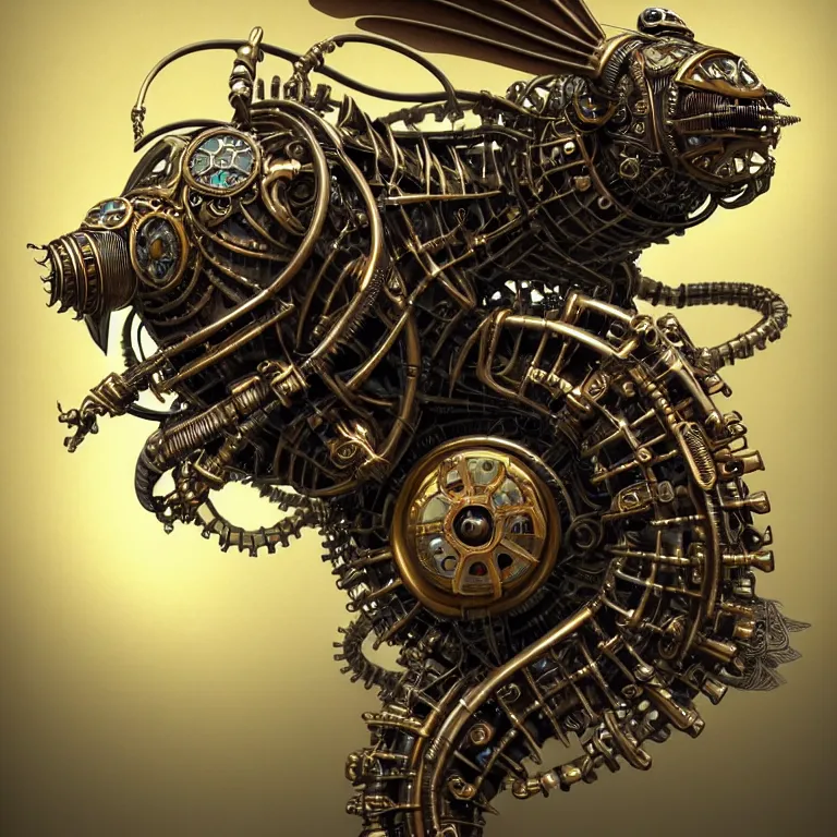 Prompt: steampunk cybernetic biomechanical bee with wings, 3 d model, very coherent symmetrical artwork, unreal engine realistic render, 8 k, micro detail, intricate, elegant, highly detailed, centered, digital painting, artstation, smooth, sharp focus, illustration, artgerm, tomasz alen kopera, wlop