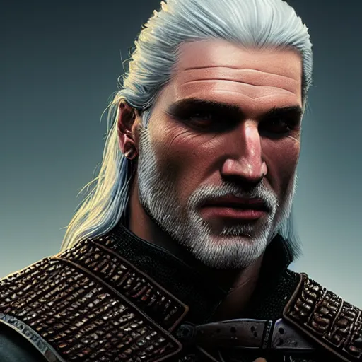 Image similar to Portrait of Geralt of Rivia by Michele Soavi, closeup, 8k, photorealism, Tom Bagshaw, global illumination, volumetric lighting, CGsociety, radiant light