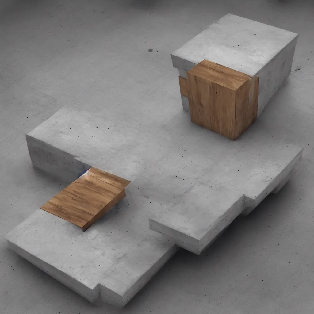 Image similar to high tech concrete bench cube, natural wood, minimal, dramatic lighting and composition, trending on artstation, concept art