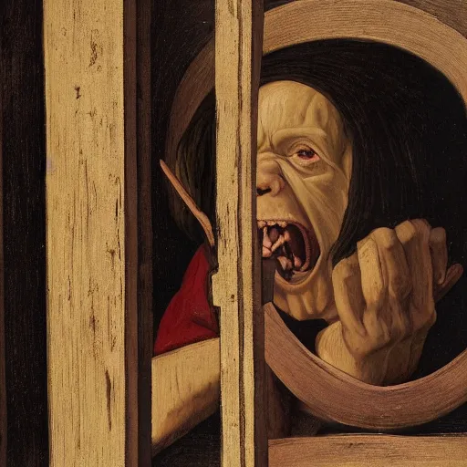 Prompt: goblin behind jail bars, highly detailed renaissance era painting