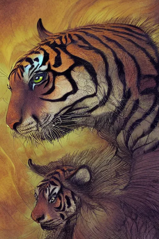 Prompt: immaculate tiger, in the style of Greg Broadmore and Arthur Rackham and Moebius,trending on artstation, light lighting side view,digital art,surrealism ,macro,blueprint ,vaporwave ,
