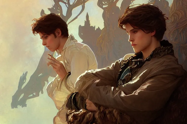 Image similar to brown hair, The Most Beautiful Boy in the World , fantasy, intricate, highly detailed, digital painting, artstation, concept art, matte, sharp focus, illustration, art by Artgerm and Greg Rutkowski and Alphonse Mucha