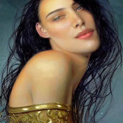 Prompt: portrait of a smiling, beautiful, pale skin european female with long black hair, dark brown eyes, elegant clothing, photorealistic, highly detailed, artstation, smooth, sharp focus, gold ornaments, neon lighting, sci - fi, art by gustav klimt, artgerm, greg rutkowski and alphonse mucha