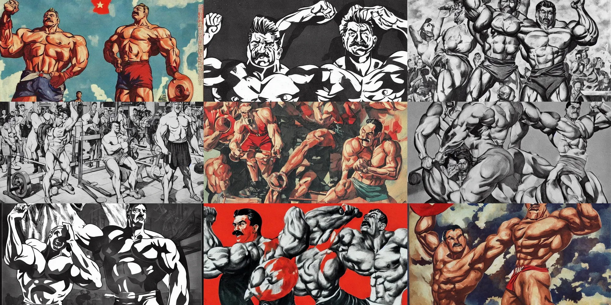 Prompt: a very strong joseph stalin in the gym, big muscles, anime, illustration, hyper realistic, ussr propaganda poster