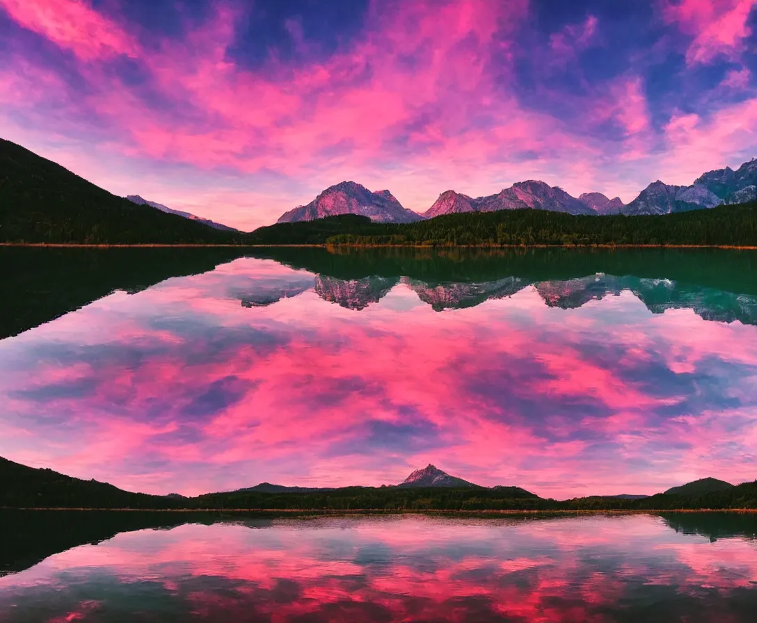 Image similar to wide angle photography, majestic mountains, beautiful lake, lush landscape, pink sky, sunset