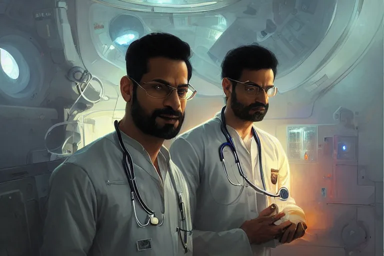 Image similar to Sensual good looking pale young Indian doctors wearing Deus Ex clothing in a space station above Earth, portrait, elegant, intricate, digital painting, artstation, concept art, smooth, sharp focus, illustration, art by artgerm and greg rutkowski and alphonse mucha