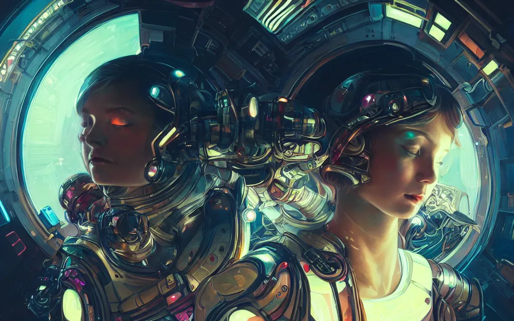 Prompt: portrait armored astronaut girl fighting with alien inside spaceship, ssci-fi, neon light and fantasy, intricate and very very beautiful and elegant, highly detailed, digital painting, artstation, concept art, smooth and sharp focus, illustration, art by tian zi and WLOP and alphonse mucha