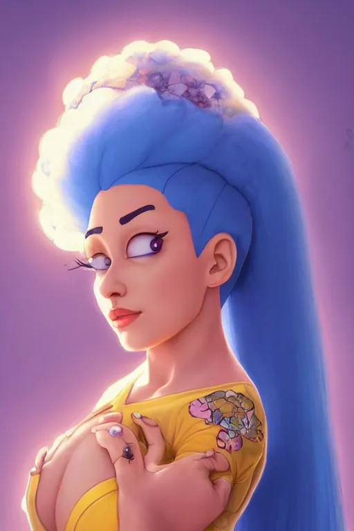 Prompt: beautiful cottagecore Ariana Grande as marge simpson, blue Hair, simpsons, marge, springfield, intricate, elegant, highly detailed, digital painting, artstation, concept art, smooth, sharp, focus, illustration, art by artgerm and greg rutkowski and alphonse mucha