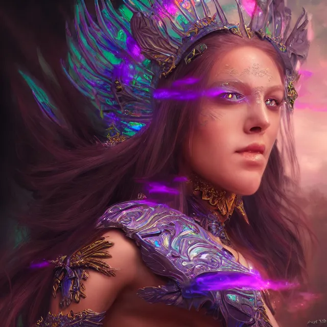 Prompt: detailed portrait of beautiful fantasy warrior princess made of iridescent smoke, dark fantasy, sharp focus, vibrant, vivid, magical oil skin, symmetry, highly detailed, 4 k digital painting, detailed skin, crystal, magical, raytracing, plasma, artistic, concept art by artgerm, greg rutkowski, alphonse mucha, unreal engine render,