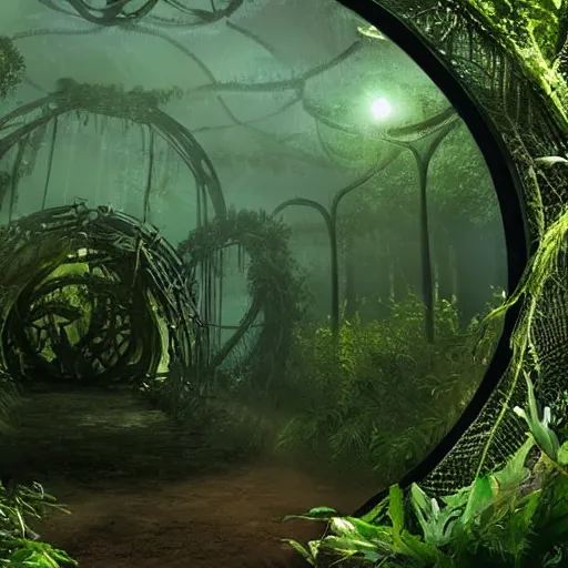 Prompt: stargate sg 1 in a densely overgrown jungle, fantasy, dreamlike sunrise volumetric lighting, ultra realistic, atmospheric, stopped in time, epic