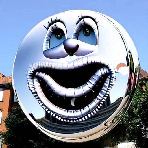 Image similar to gigantic chrome cheshire cat grin! floating over a modern city