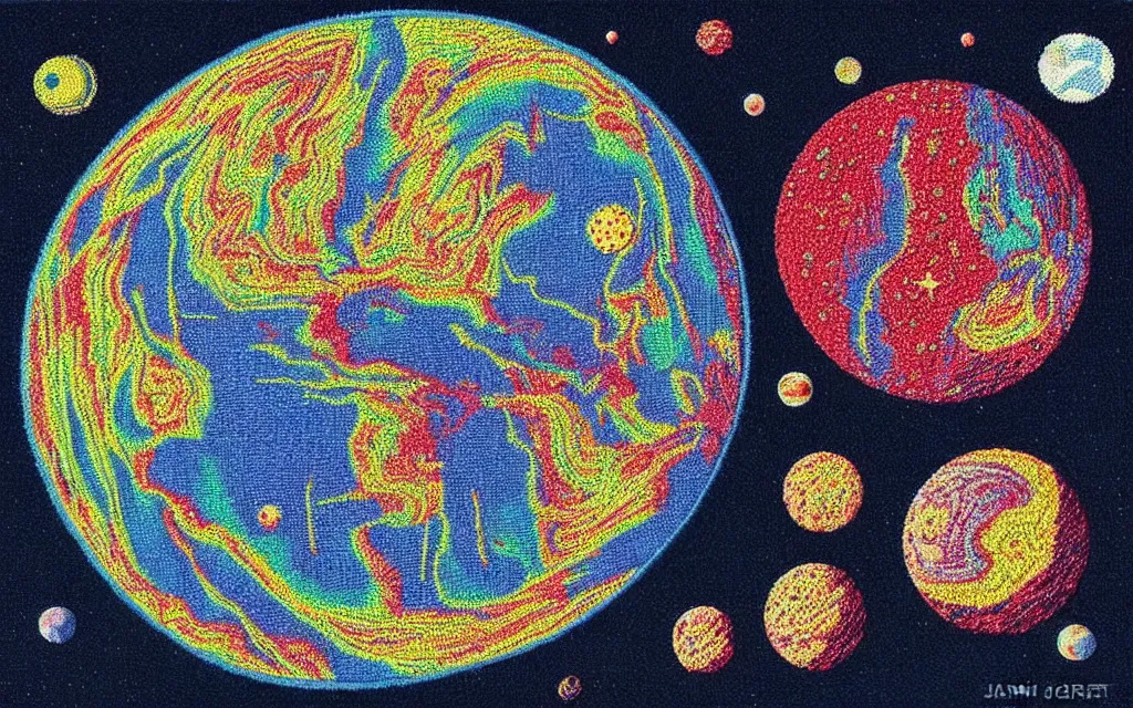 Prompt: planet earth seen from very very far away with the empty cosmic landscape on the background. Retro modern art by jean giraud. embroidery.