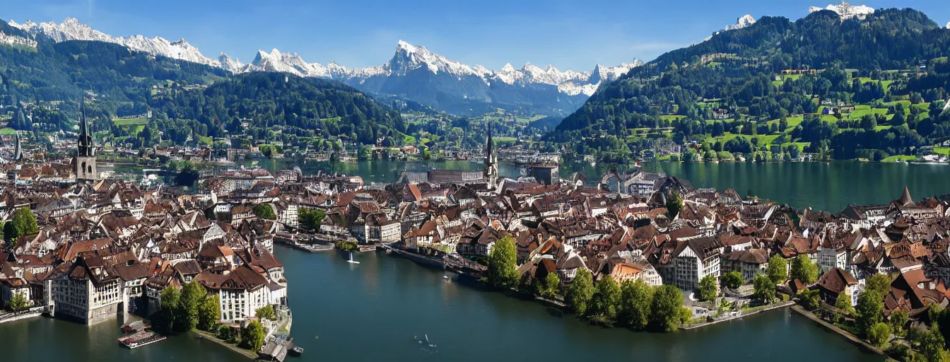 Image similar to Photo of Zurich, looking down the Limmat at the lake and the alps, Hardturm, Grossmünster, Lindenhof, Üetliberg, wide angle, volumetric light, hyperdetailed, light blue water, artstation, cgsociety, 8k