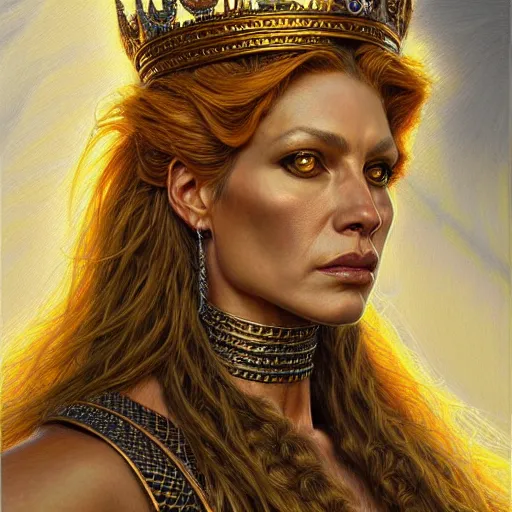 Prompt: highly detailed portrait of a majestic lioness queen in the form of a beautiful woman. d & d, art by donato giancola. trending on artstation, intricate details, energetic composition, golden ratio, concept art, illustration, elegant art, global illuminaition