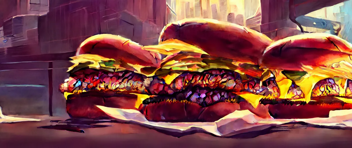 Image similar to hyperrealistic hyper detailed graphic novel choonky catman crushing burgers concept art james paick syd mead sharp cinematic lighting 8k wide angle shallow depth of field