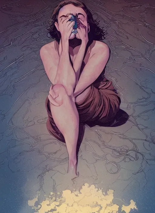 Image similar to poster artwork by Michael Whelan and Tomer Hanuka, Karol Bak of Emma Watson nun, on her knees crying into the sky, from scene from Twin Peaks, clean