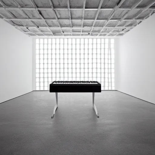 Prompt: a dezeen showroom, archdaily, minimalissimo photo of minimal synthesizer by john pawson, virgil abloh,