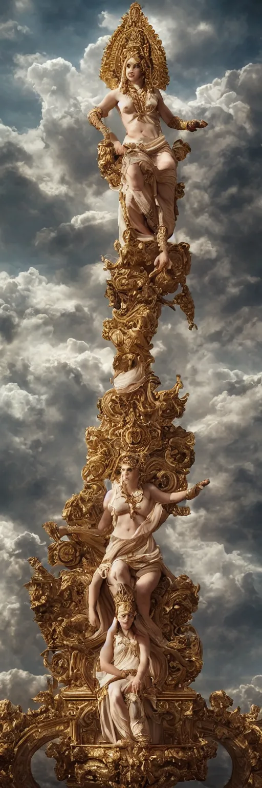 Prompt: Roman goddess on an ornate marble throne surrounded by heavenly clouds, beautiful face, intricate artwork. octane render, trending on artstation, Greg Rutkowski, golden hour, symmetrical, very coherent, cinematic, hyper realism, high detail, vibrant