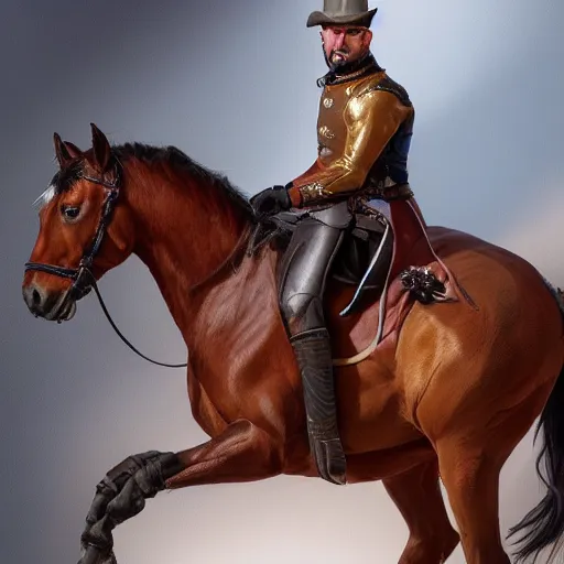 Image similar to portrait of a man riding a horse, elegant, highly detailed, oil painting, artstation, concept art, matte, sharp focus, illustration