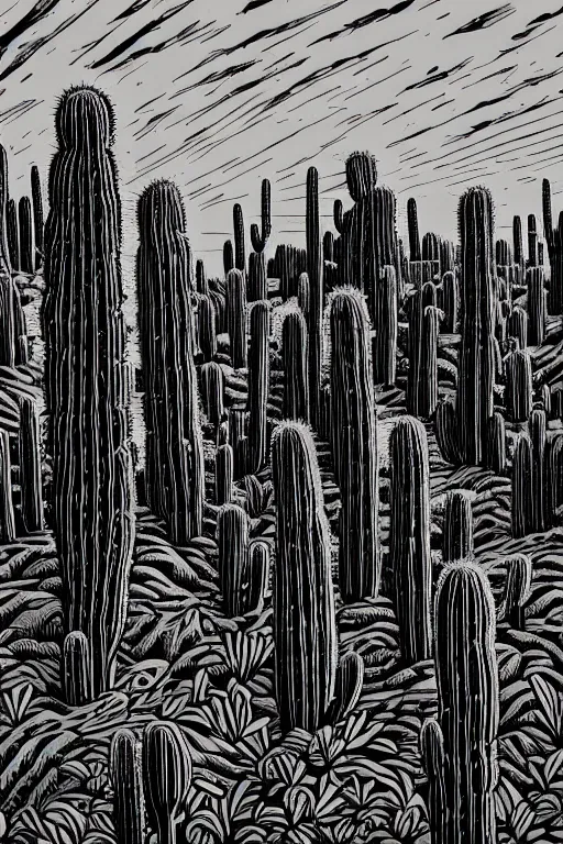 Prompt: art by brian reedy, a beautiful black ink linocut print of the giant cactus forest baja mexico, 8 k, frostbite 3 engine, cryengine, ground level shot, dof, trending on artstation, digital art, crepuscular ray