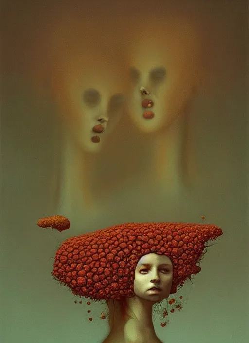 Image similar to She Eats of the Strangling Fruit and Her polyp blossoms bring iridescent fungal flowers whose spores black the foolish stars Edward Hopper and James Gilleard, Zdzislaw Beksinski, Mark Ryden, Wolfgang Lettl highly detailed