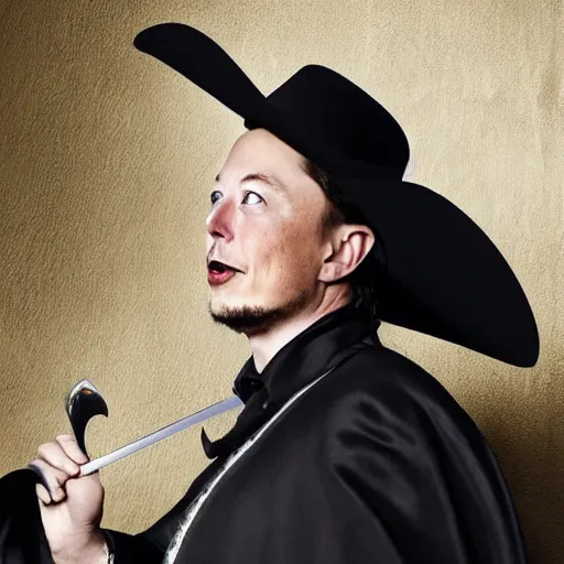 Prompt: photo of elon musk as a musketeer, he has a big black hat with a red feather, he is holding a shiny rapier sword and he is looking straight to the camera