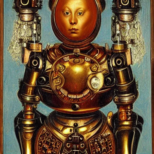 Image similar to a portrait of a shiny metallic renaissance steampunk robot, in the style of Jan van Eyck,