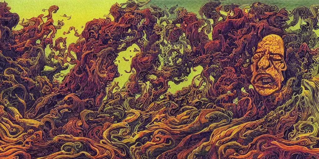 Prompt: visions of heaven, fluid, smooth, organic, crazy, bright, colours, tumours, high contrast, sharpness, dramatic, very detailed, intricate, by and corben