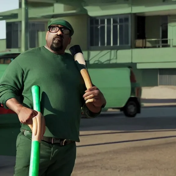 Image similar to Still of Big Smoke with green clothing wielding a baseball bat in Better Call Saul