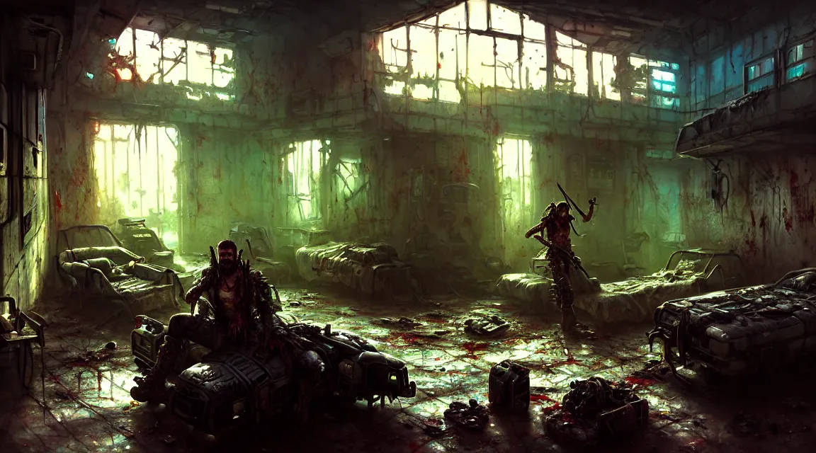 Prompt: post apocalyptic warrior inside a post apocalyptic room interior, hospital interior, human silhouettes, by thomas kinkade trending on artstation, photorealistic, hyper detailed, hyper realistic, cyberpunk 2 0 7 7 vibrant colors, small blood stains on the walls, corpses floor, weapon damage