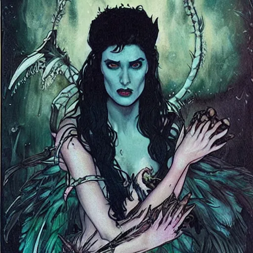 Image similar to jennifer connelly as odile, gothic dark fae disney villain with black feathers instead of hair, girlboss, dominant, zero g, feathers growing out of skin, pulp sci fi, mike mignola, david mack, romantic, comic book cover, vivid, beautiful, illustration, highly detailed, oil painting