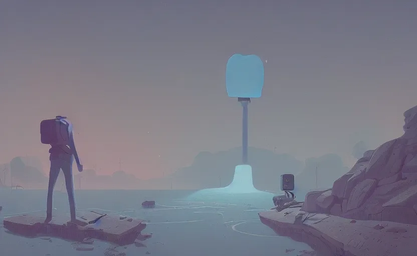 Image similar to a moment of introspection, fantasy, simple, serence, beautiful, meditation, calm, blue by simon stalenhag